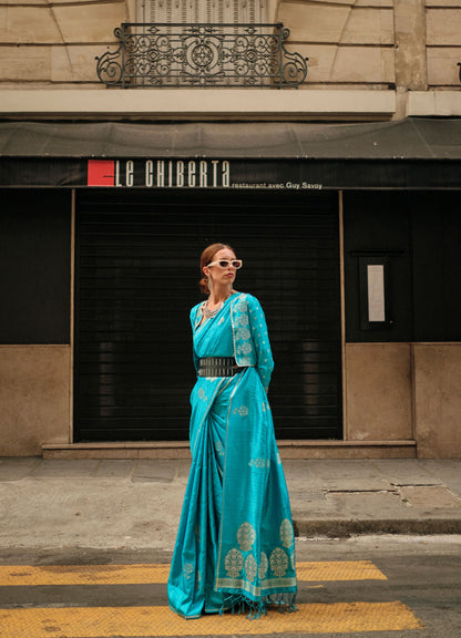 Turquoise Kronicle Pure Satin Zari Handloom Saree