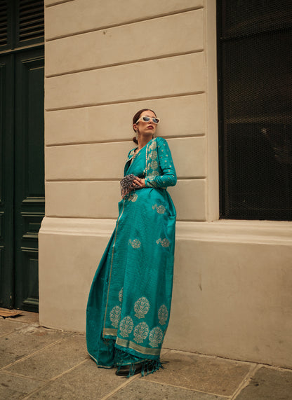 Teal Green Kronicle Pure Satin Zari Handloom Saree