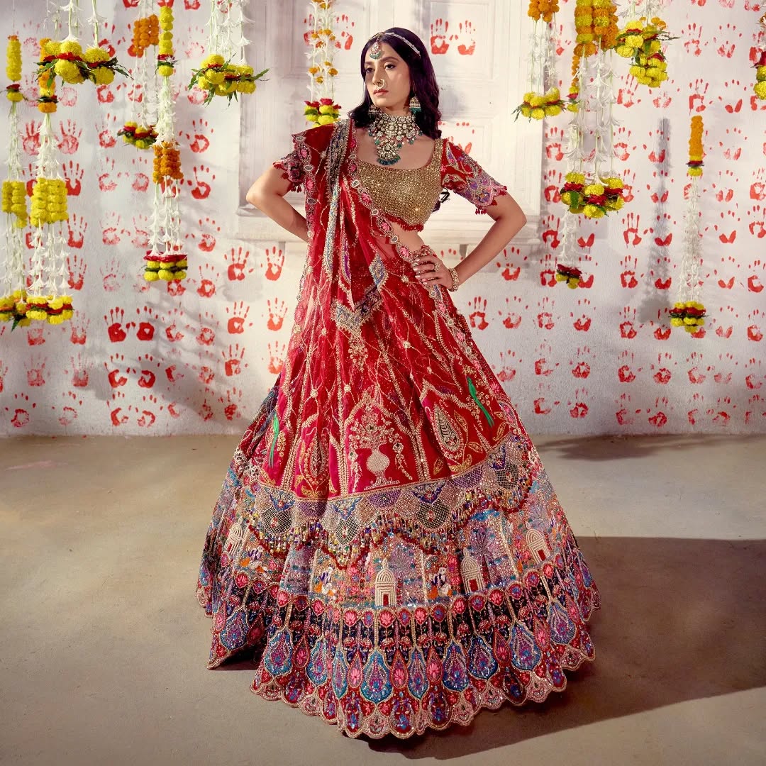 Custom Red Eloquent Elaborate Traditional Motif Royal Bridal lehenga