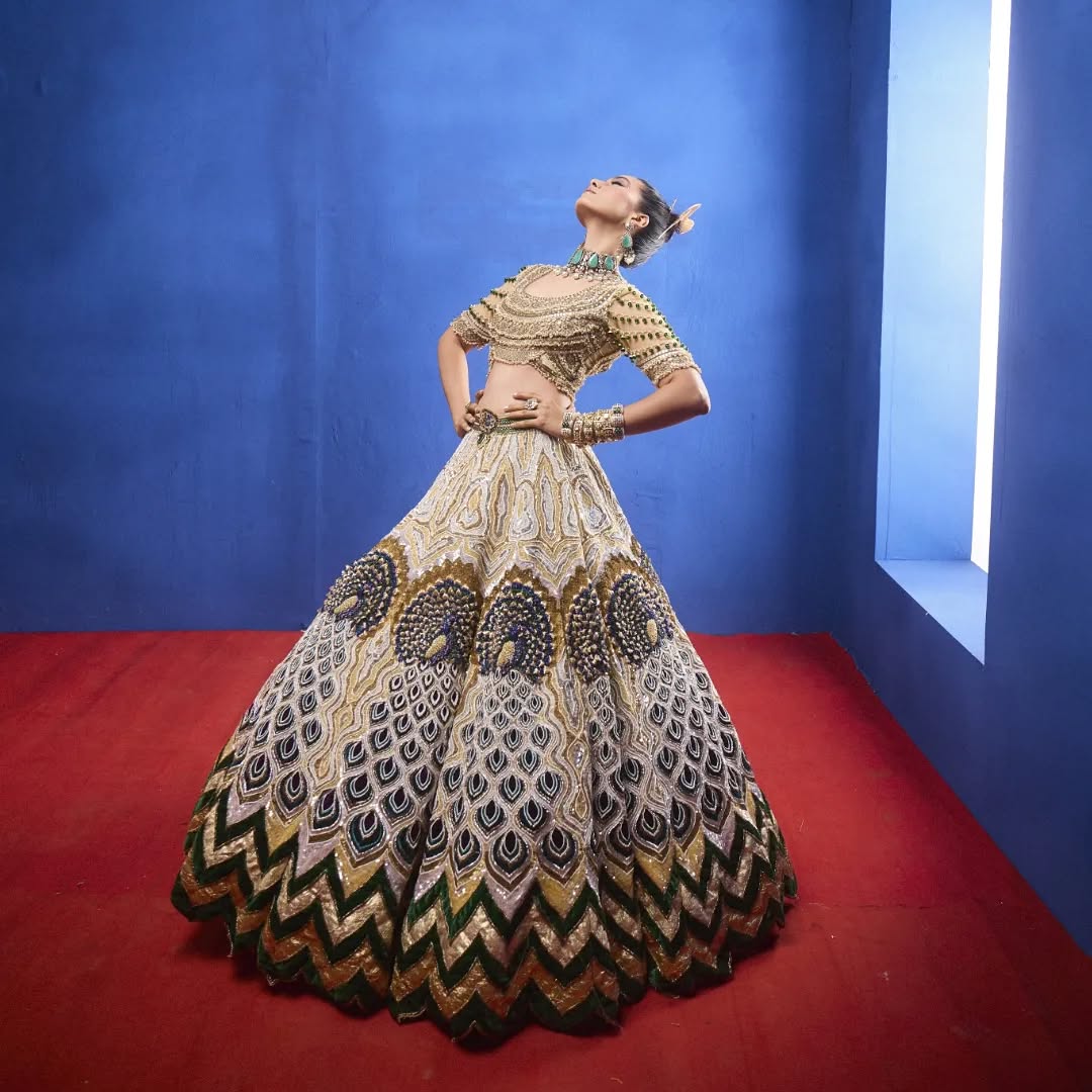 Custom Beige Eloquent Elaborate Peacock Motif Royal Bridal lehenga