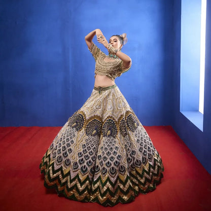 Custom Beige Eloquent Elaborate Peacock Motif Royal Bridal lehenga