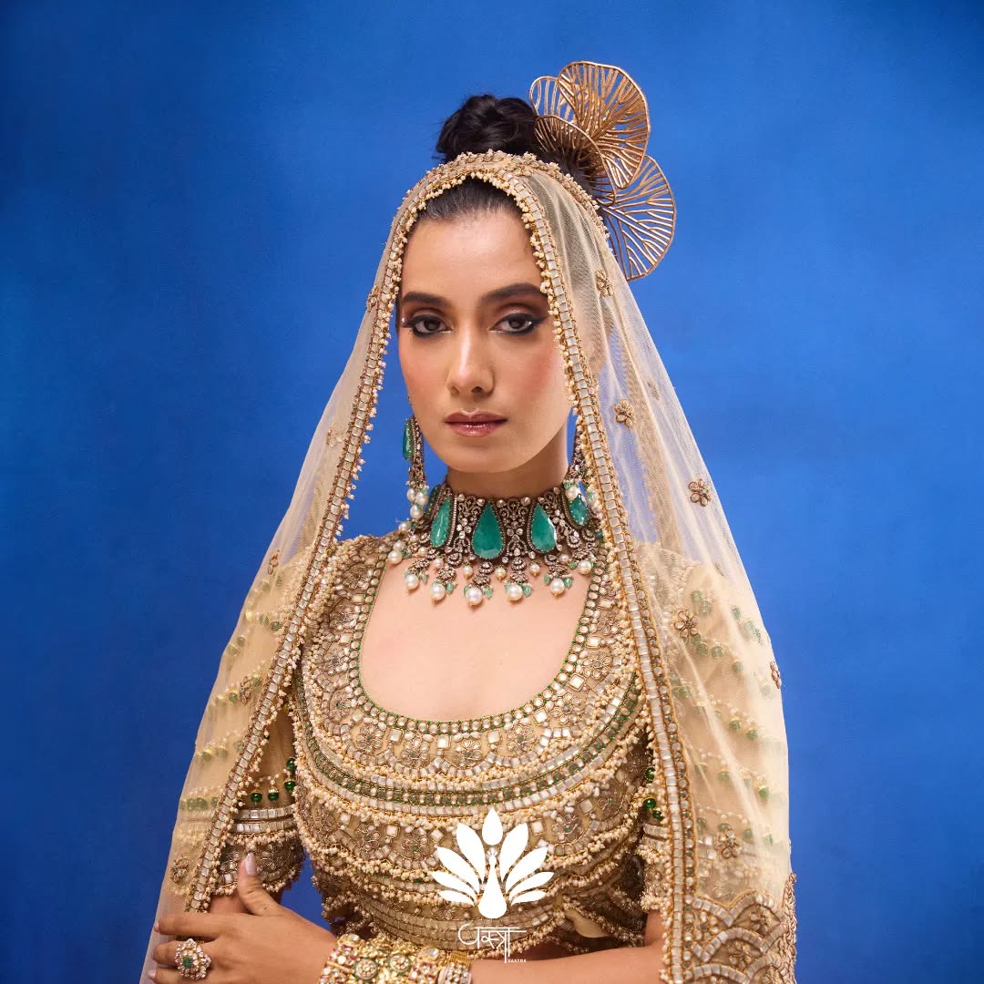 Custom Beige Eloquent Elaborate Peacock Motif Royal Bridal lehenga