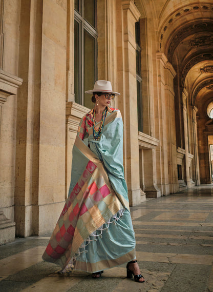 Blue Kube Soft Silk Handloom Saree