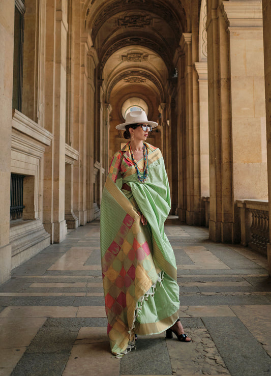 Mint Green Kube Soft Silk Handloom Saree