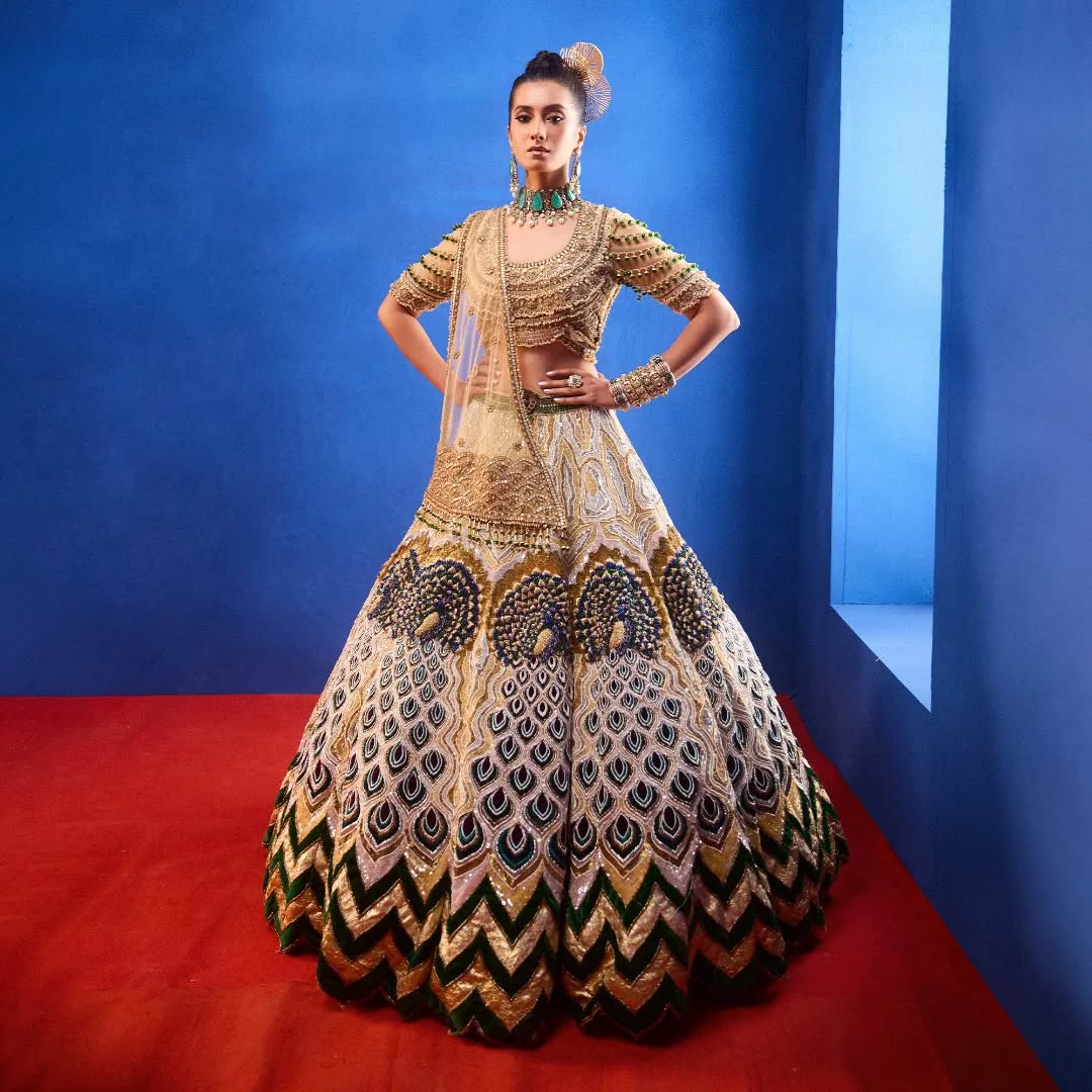 Custom Beige Eloquent Elaborate Peacock Motif Royal Bridal lehenga