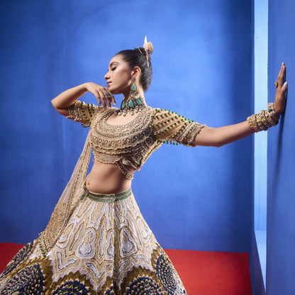 Custom Beige Eloquent Elaborate Peacock Motif Royal Bridal lehenga