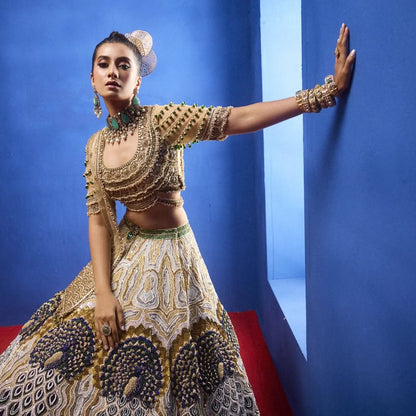 Custom Beige Eloquent Elaborate Peacock Motif Royal Bridal lehenga
