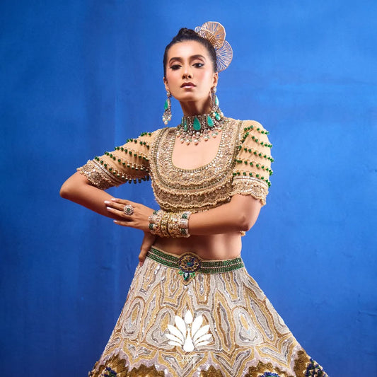 Custom Beige Eloquent Elaborate Peacock Motif Royal Bridal lehenga