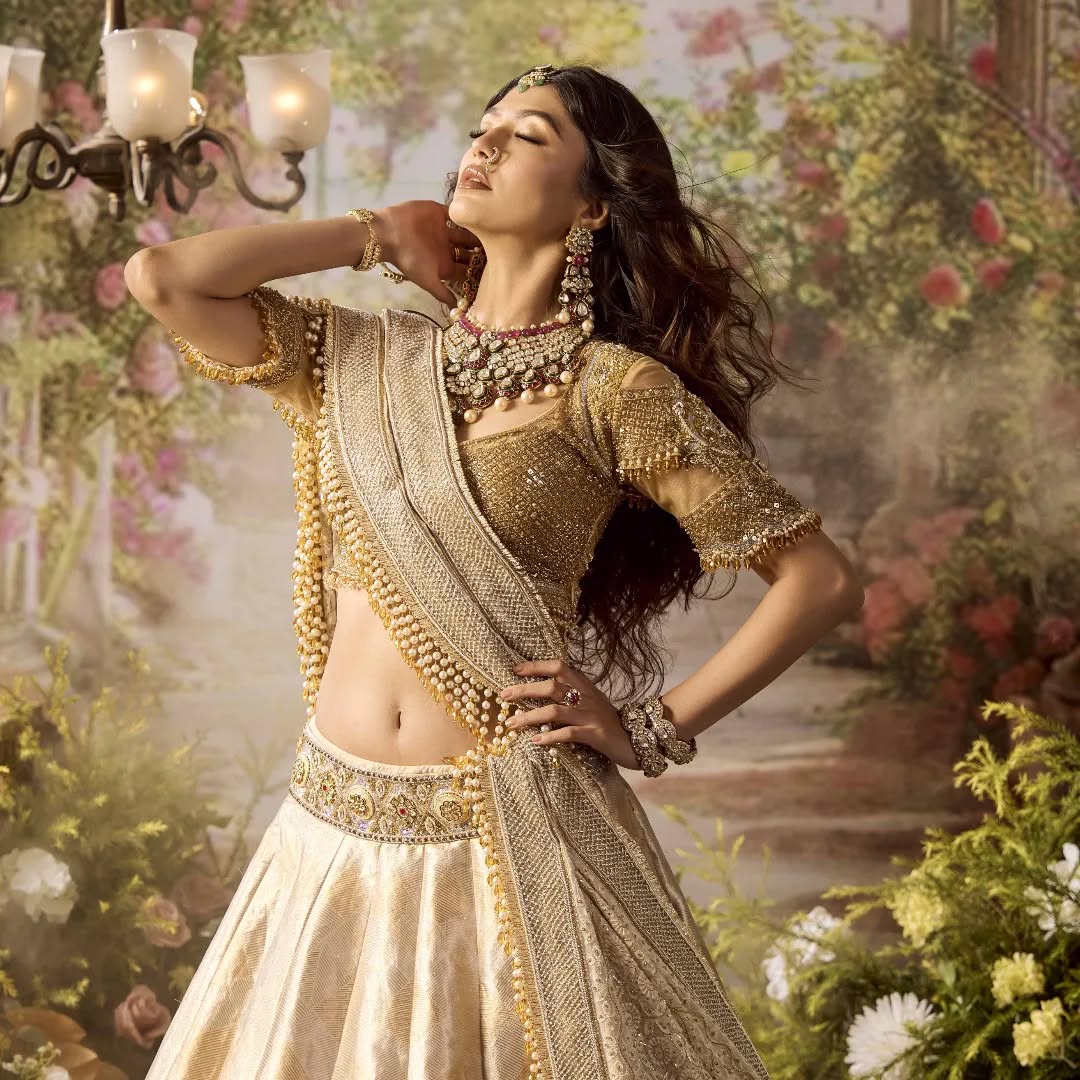 Custom Light Beige Eloquent Bridal lehenga