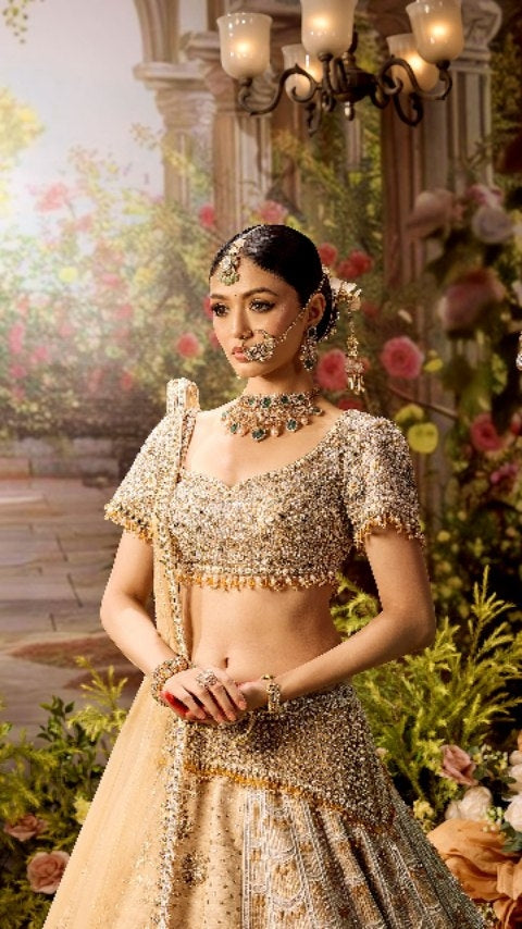 Custom Beige Eloquent Swan Motif Bridal lehenga