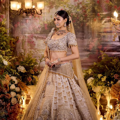 Custom Beige Eloquent Swan Motif Bridal lehenga