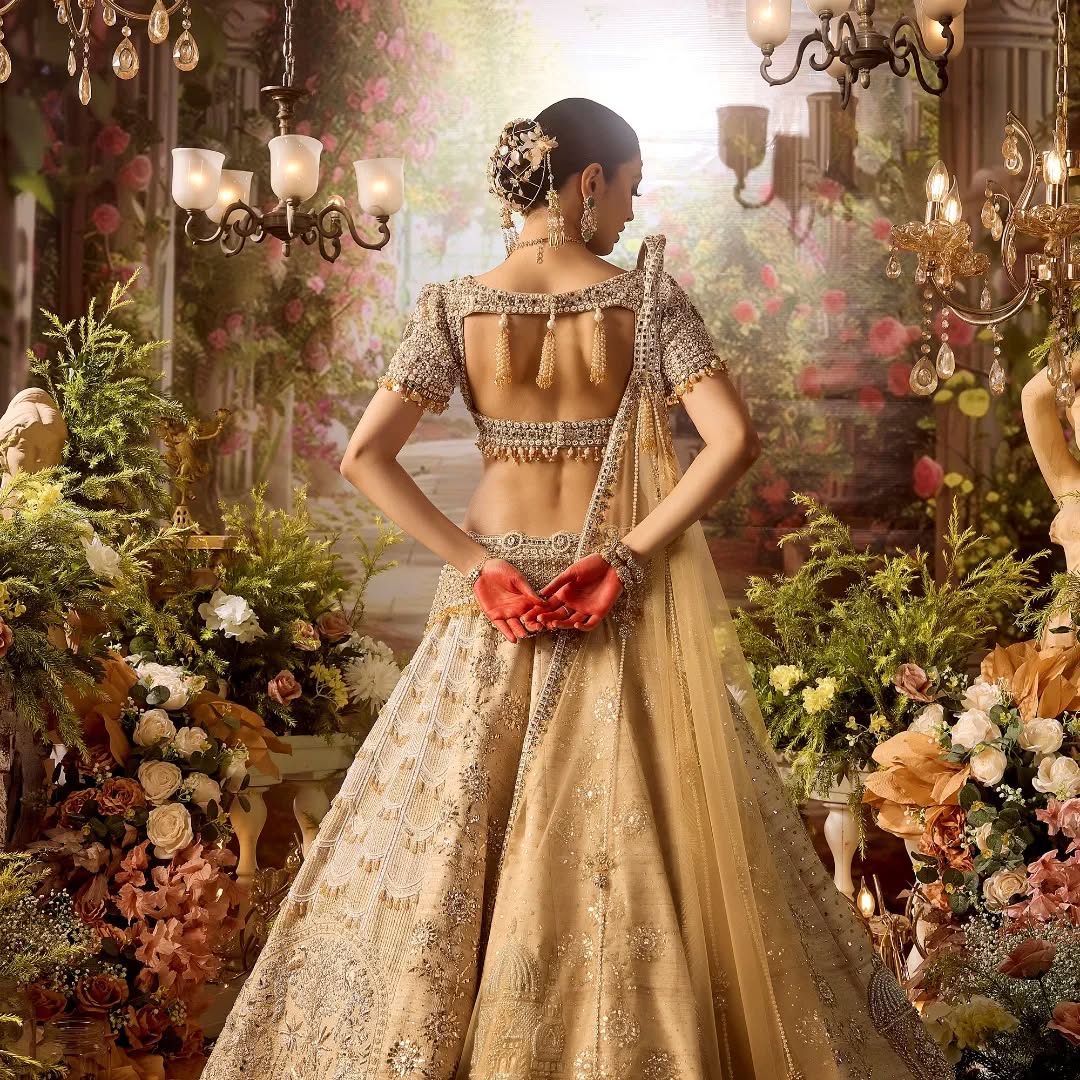 Custom Beige Eloquent Swan Motif Bridal lehenga