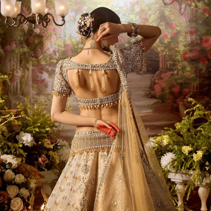Custom Beige Eloquent Swan Motif Bridal lehenga