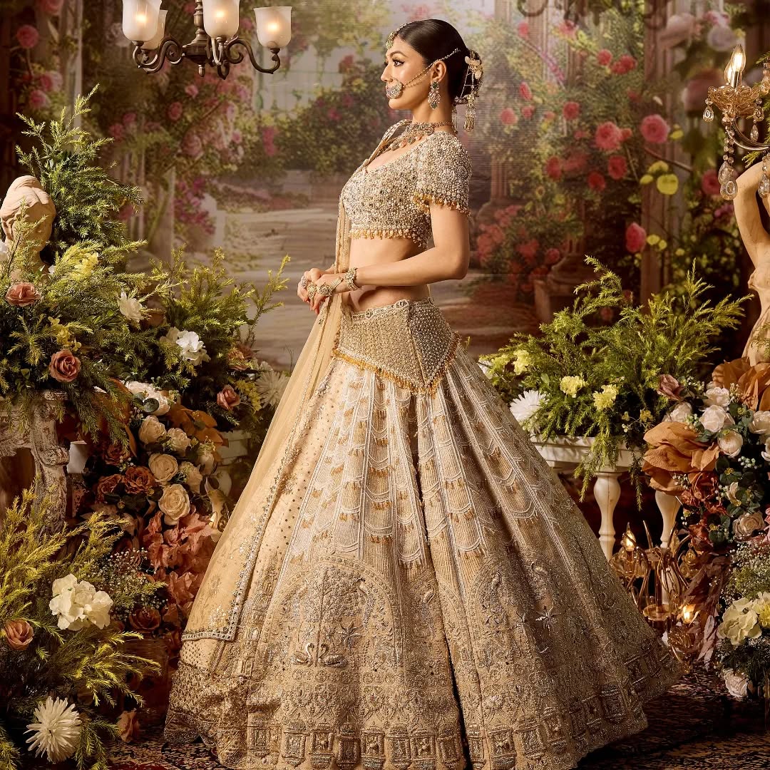 Custom Beige Eloquent Swan Motif Bridal lehenga