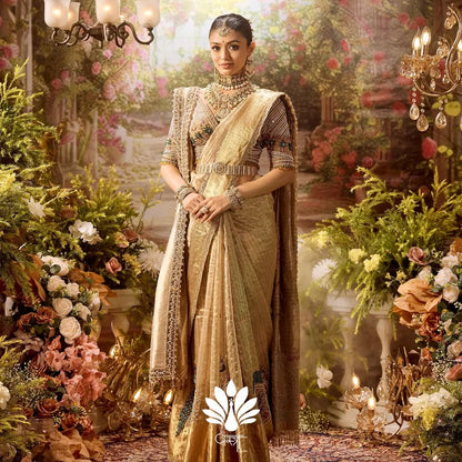 Custom Beige Eloquent Peacock Motif Mother of Bride saree