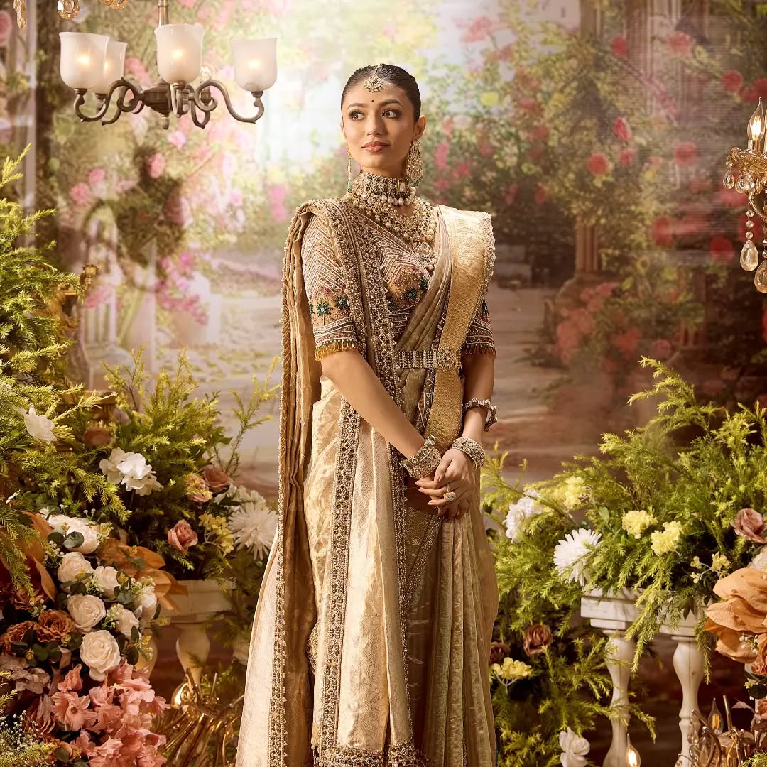 Custom Beige Eloquent Peacock Motif Mother of Bride saree