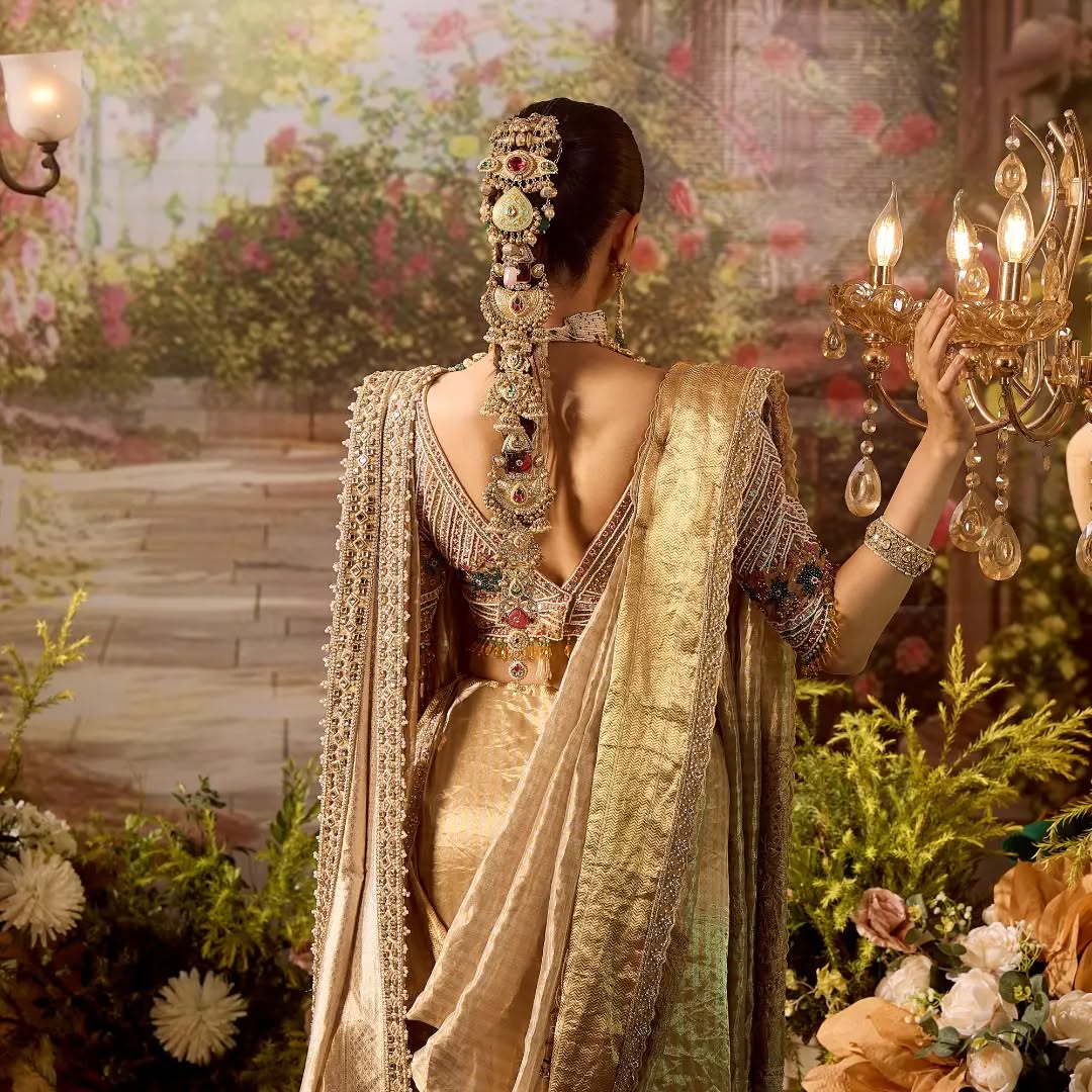 Custom Beige Eloquent Peacock Motif Mother of Bride saree