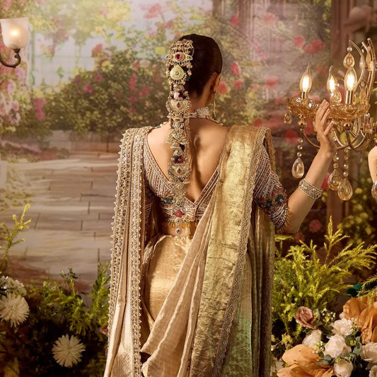 Custom Beige Eloquent Peacock Motif Mother of Bride saree