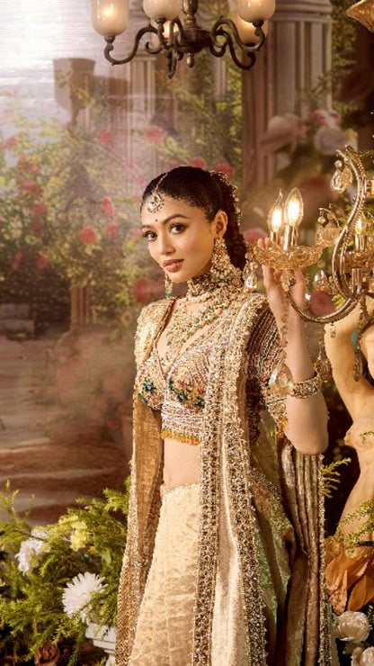 Custom Beige Eloquent Peacock Motif Mother of Bride saree