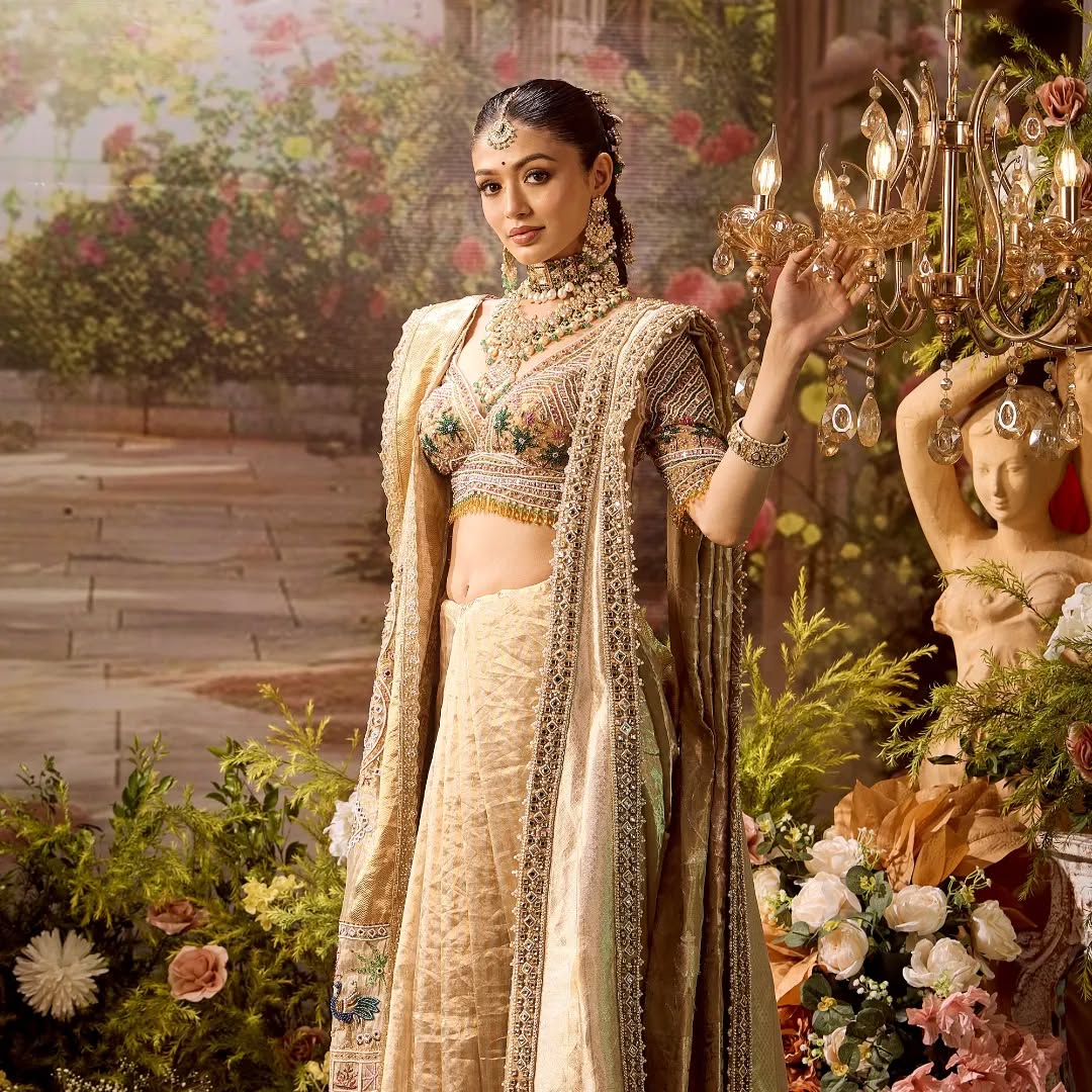 Custom Beige Eloquent Peacock Motif Mother of Bride saree