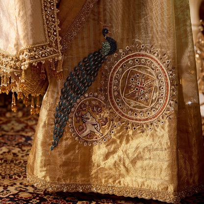 Custom Beige Eloquent Peacock Motif Mother of Bride saree