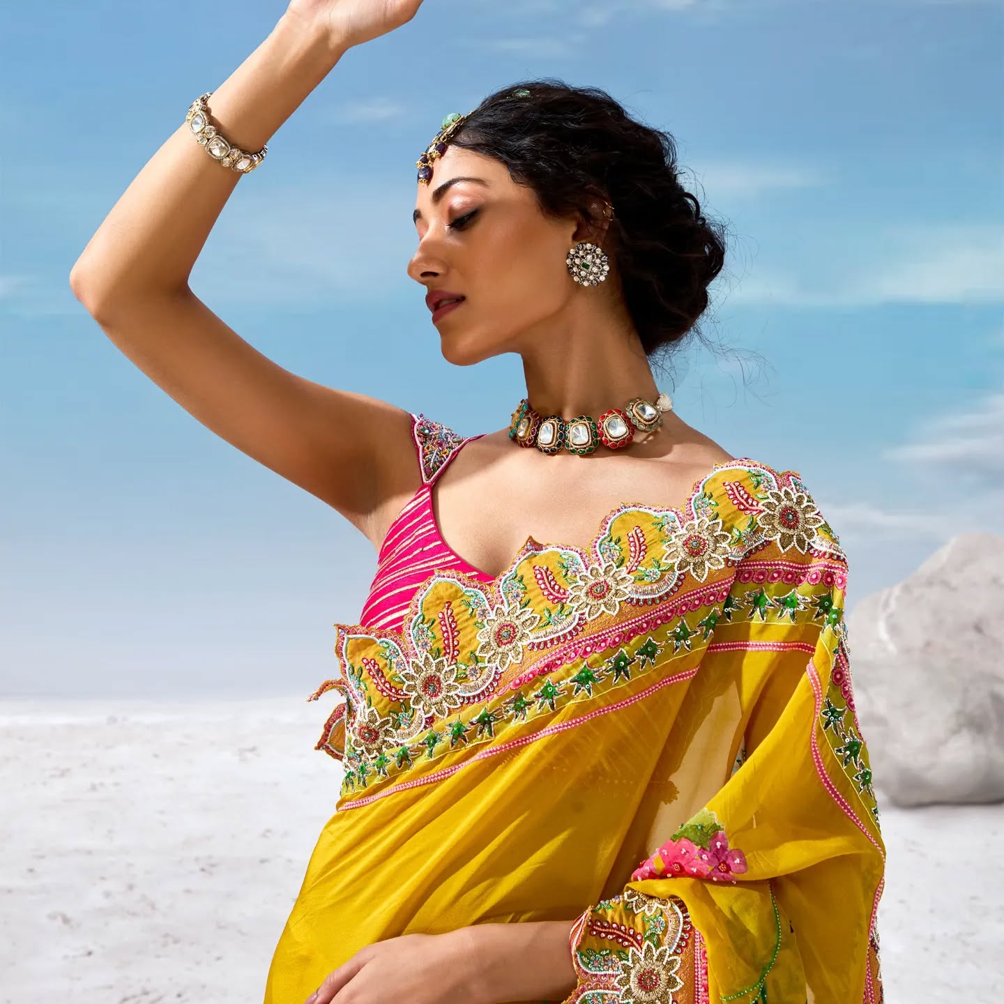 Custom Yellow Eloquent Peacock Motif Mother of Bride Saree