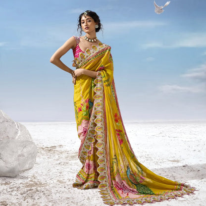 Custom Yellow Eloquent Peacock Motif Mother of Bride Saree