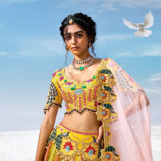 Custom Yellow Eloquent Peacock Motif Lehenga