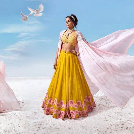 Custom Yellow Eloquent Flower Motif Lehenga
