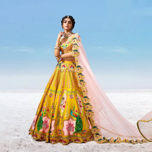 Custom Yellow Eloquent Peacock Motif Lehenga