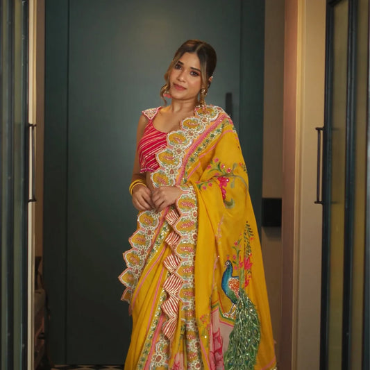 Custom Yellow Eloquent Peacock Motif Mother of Bride Saree