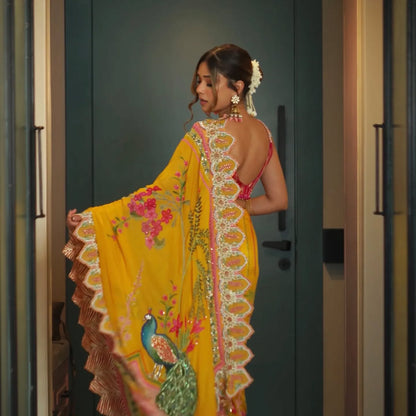 Custom Yellow Eloquent Peacock Motif Mother of Bride Saree