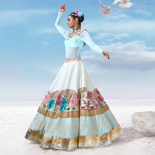 Custom Light Blue Eloquent Peacock Motif Bridesmaid Lehenga