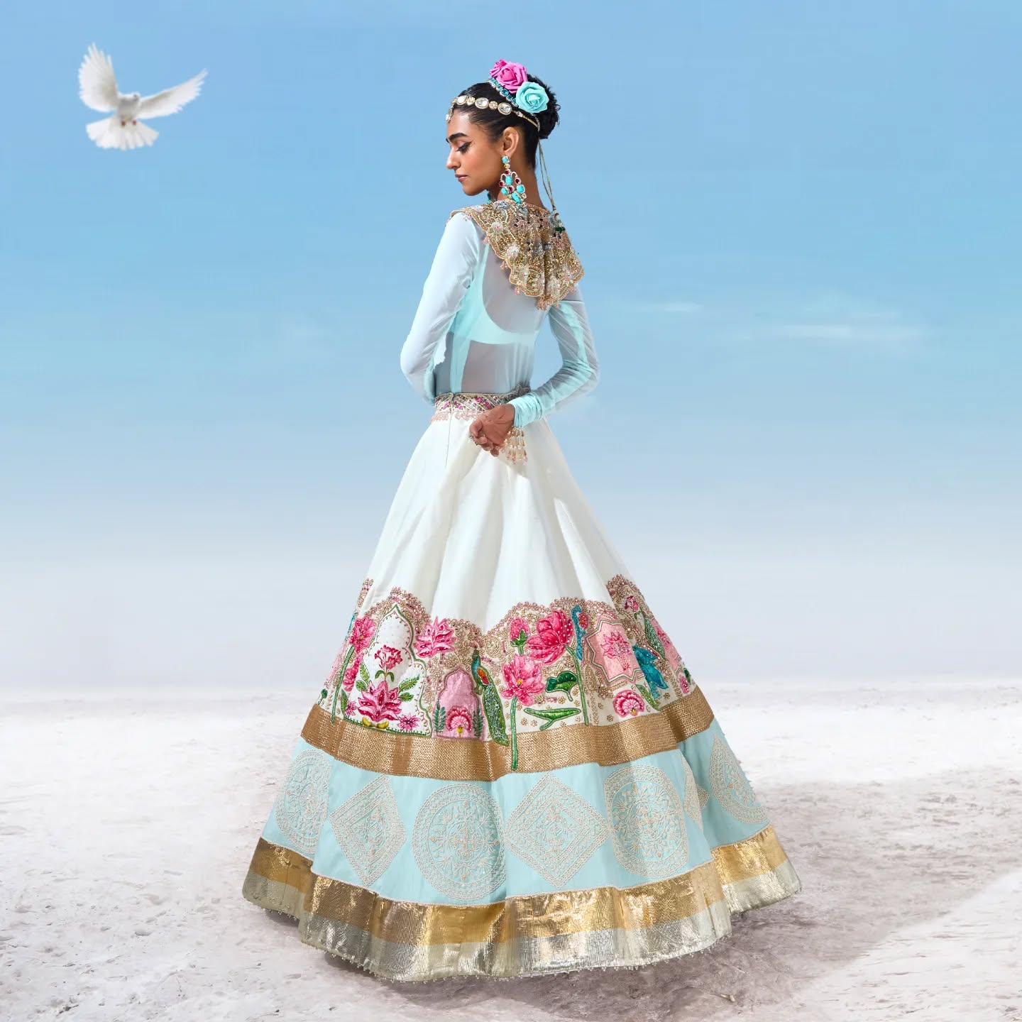 Custom Light Blue Eloquent Peacock Motif Bridesmaid Lehenga