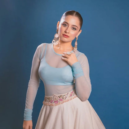 Custom Light Blue Eloquent Peacock Motif Bridesmaid Lehenga