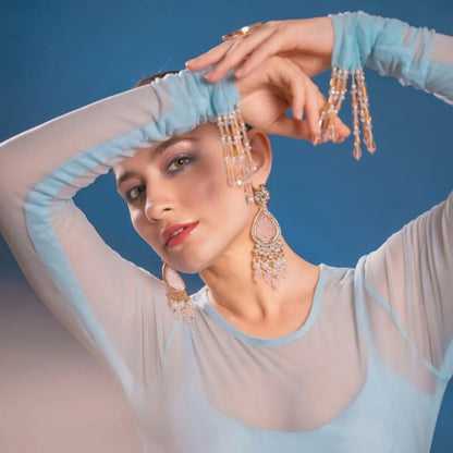 Custom Light Blue Eloquent Peacock Motif Bridesmaid Lehenga