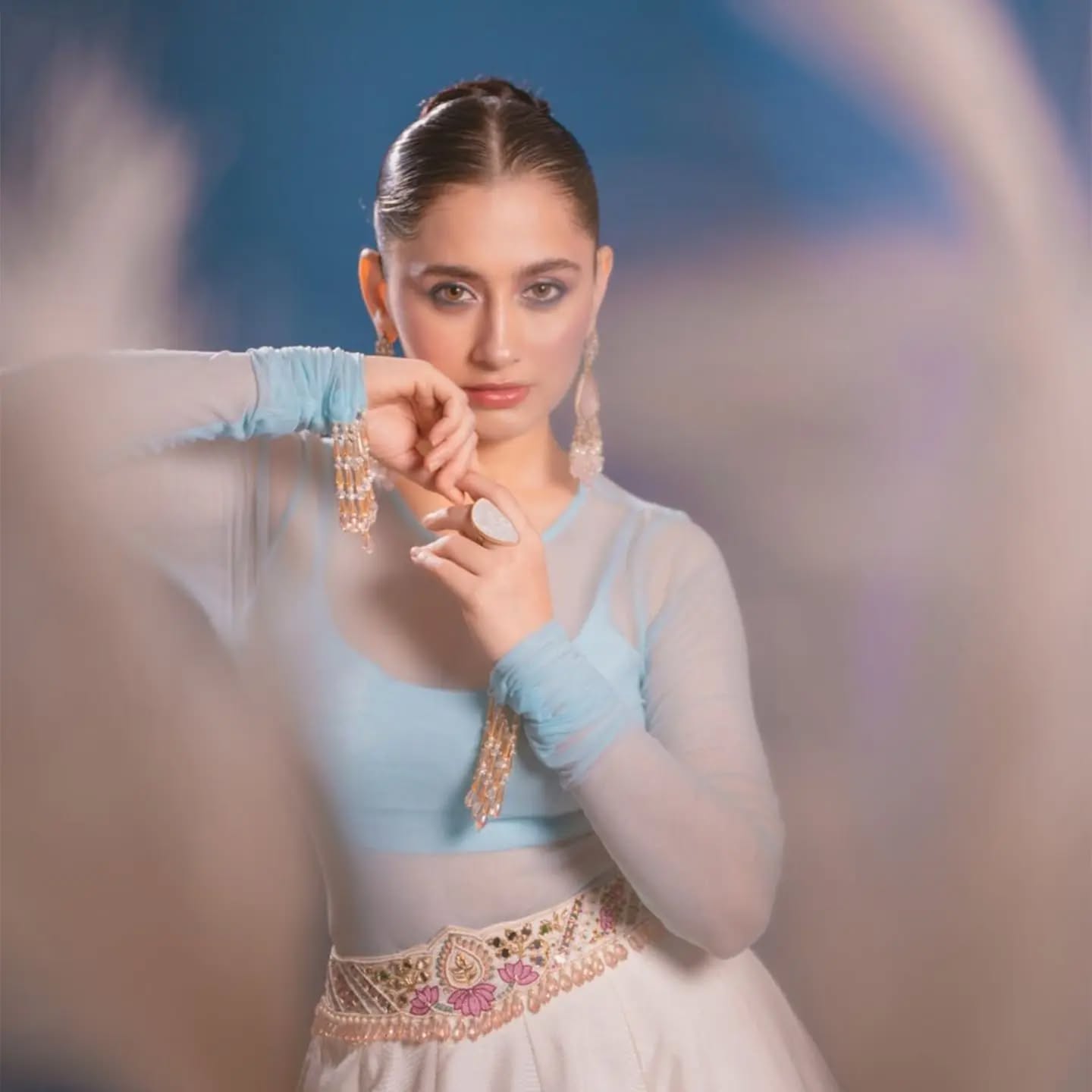 Custom Light Blue Eloquent Peacock Motif Bridesmaid Lehenga