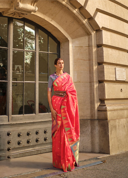 Coral Pink Khwaab Handloom Khadi Silk Saree