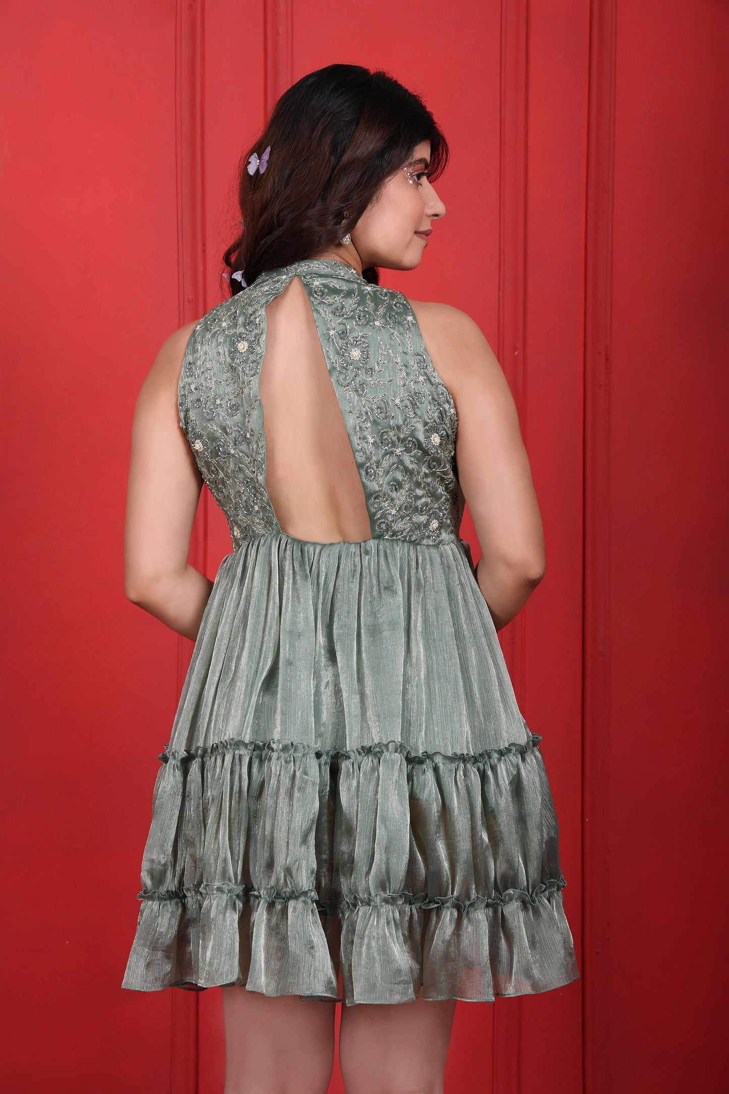 Halter V-Neck Hand Embroidered Spanish Green Layered Dress