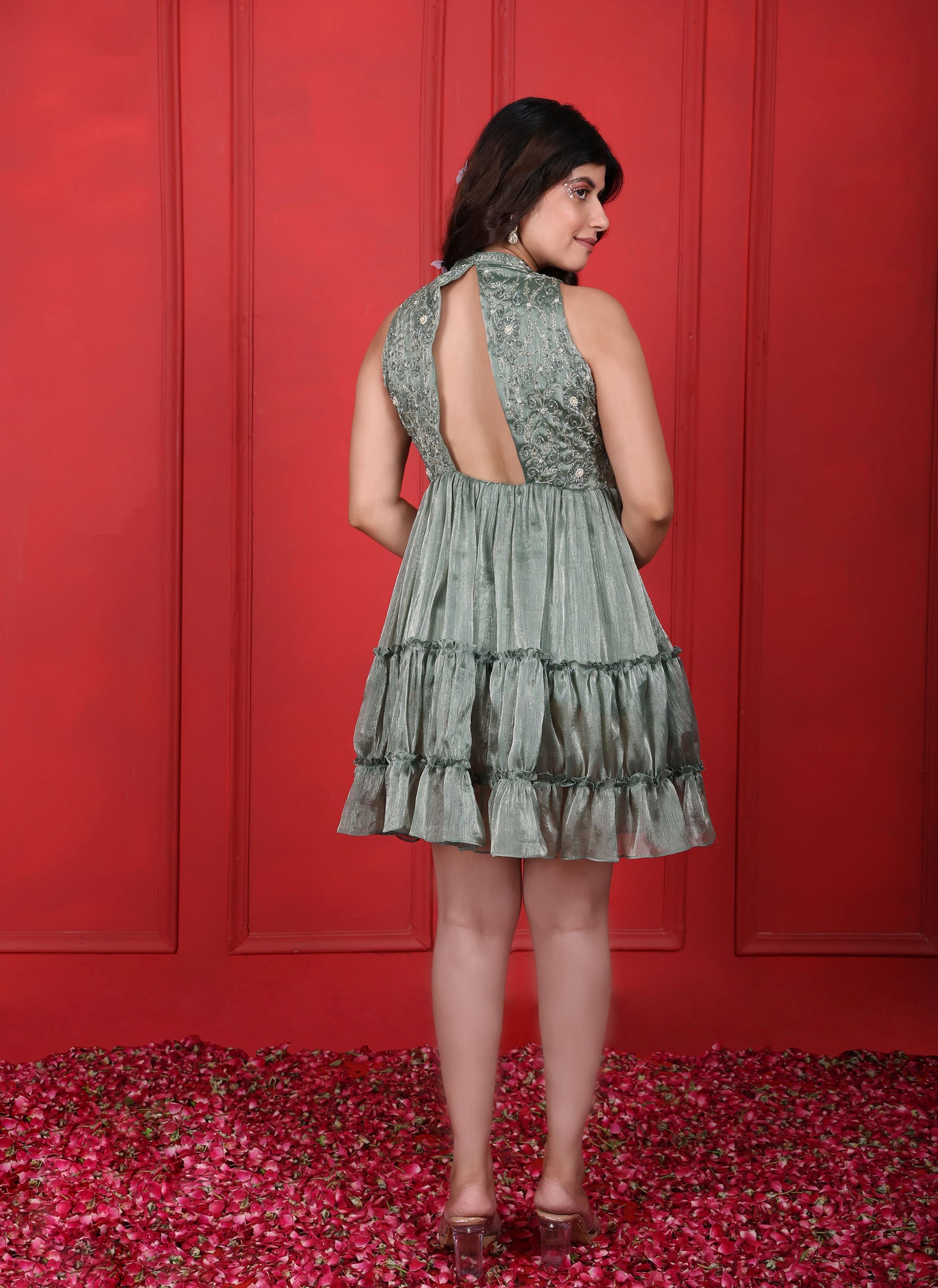 Halter V-Neck Hand Embroidered Spanish Green Layered Dress