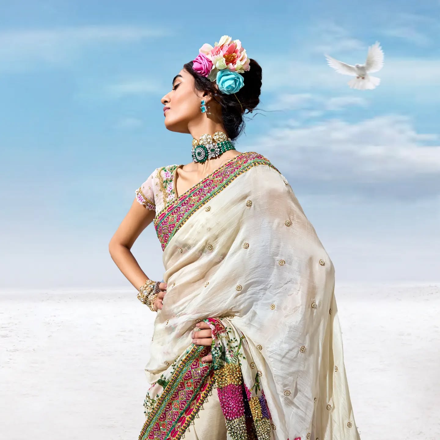 Custom Cream Heavy Bridal Saree