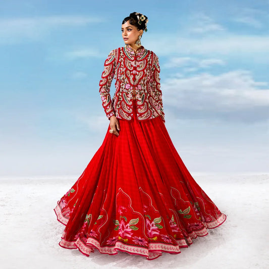 Custom Regal Deep Red Motif Bride Lehenga