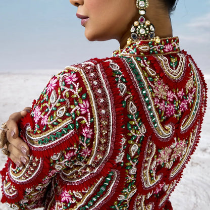 Custom Regal Deep Red Motif Bride Lehenga