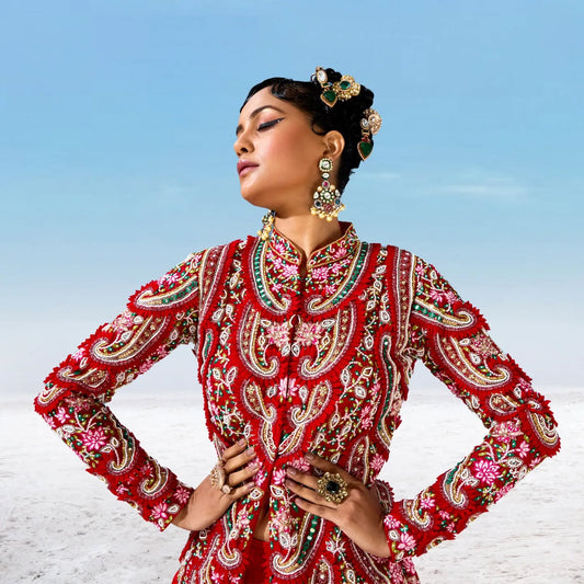 Custom Regal Deep Red Motif Bride Lehenga