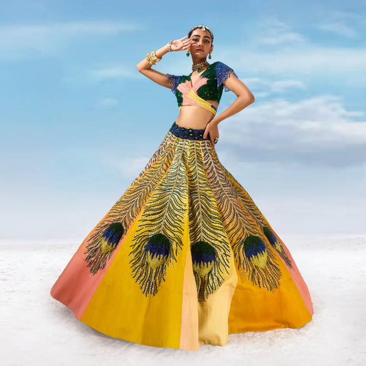 Custom Yellow and Blue Feather lehenga