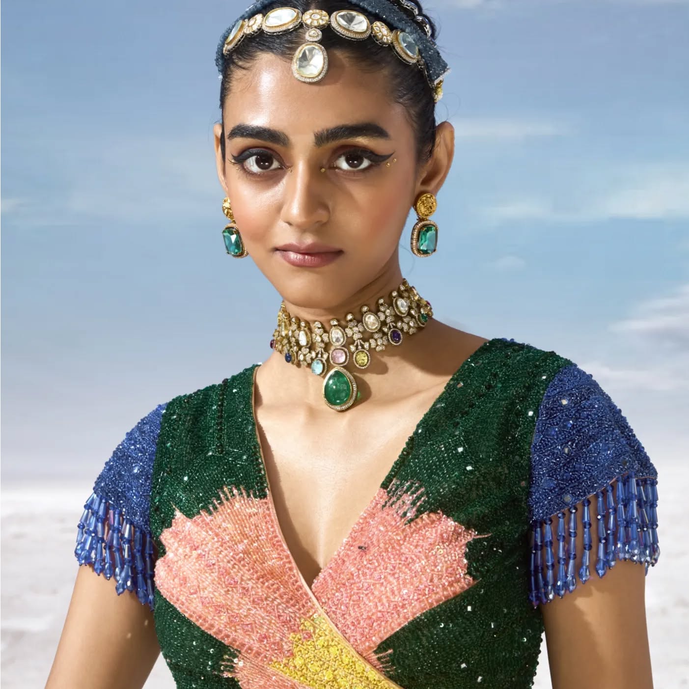 Custom Yellow and Blue Feather lehenga