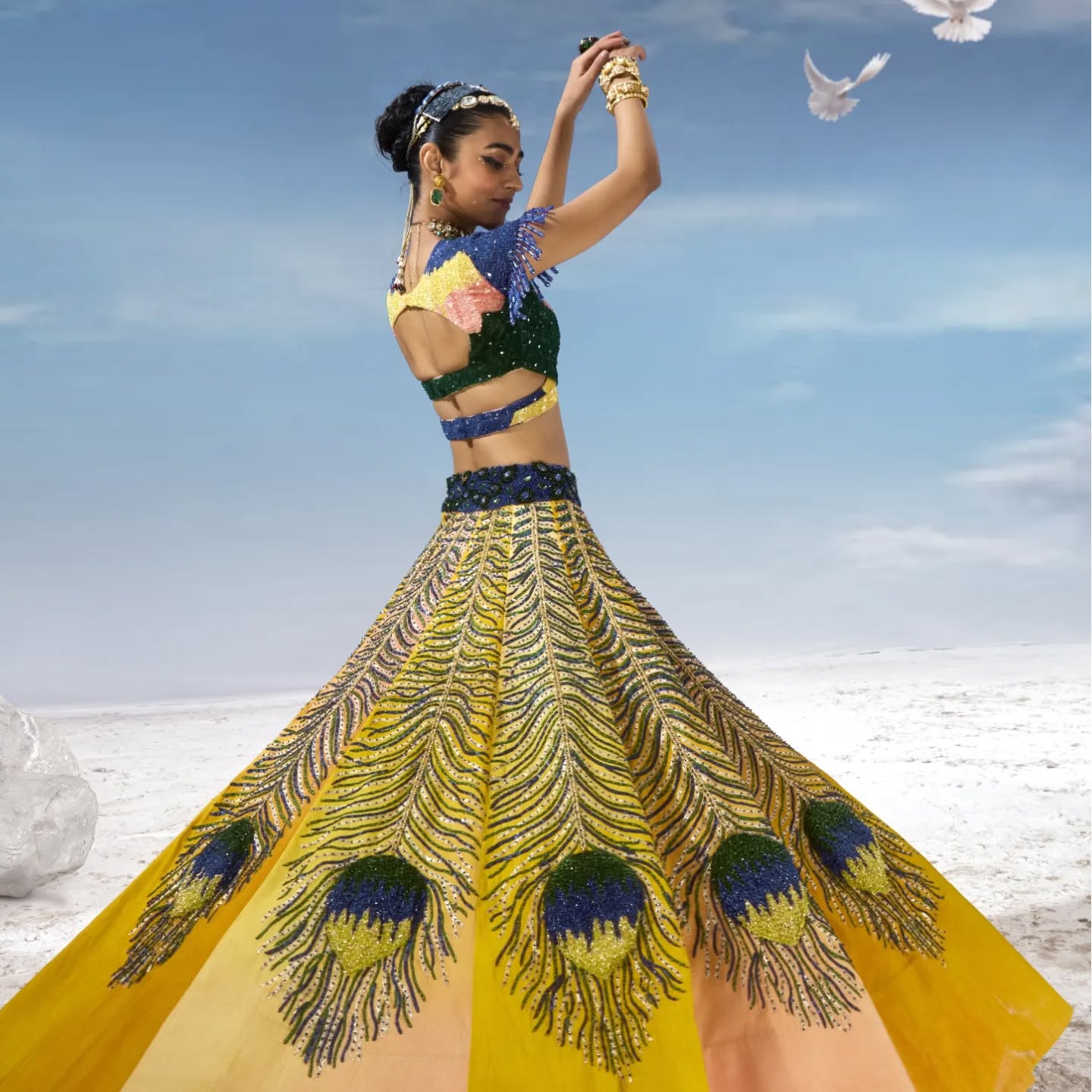 Custom Yellow and Blue Feather lehenga