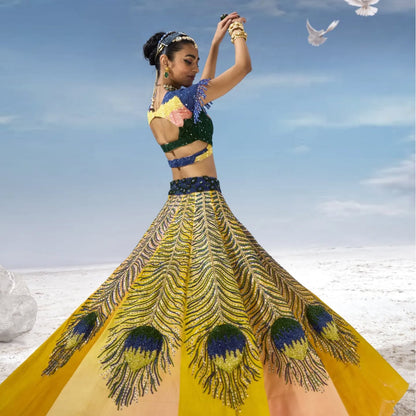 Custom Yellow and Blue Feather lehenga