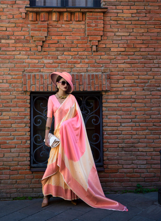 Cream Pink Koche Soft Silk Handloom Saree