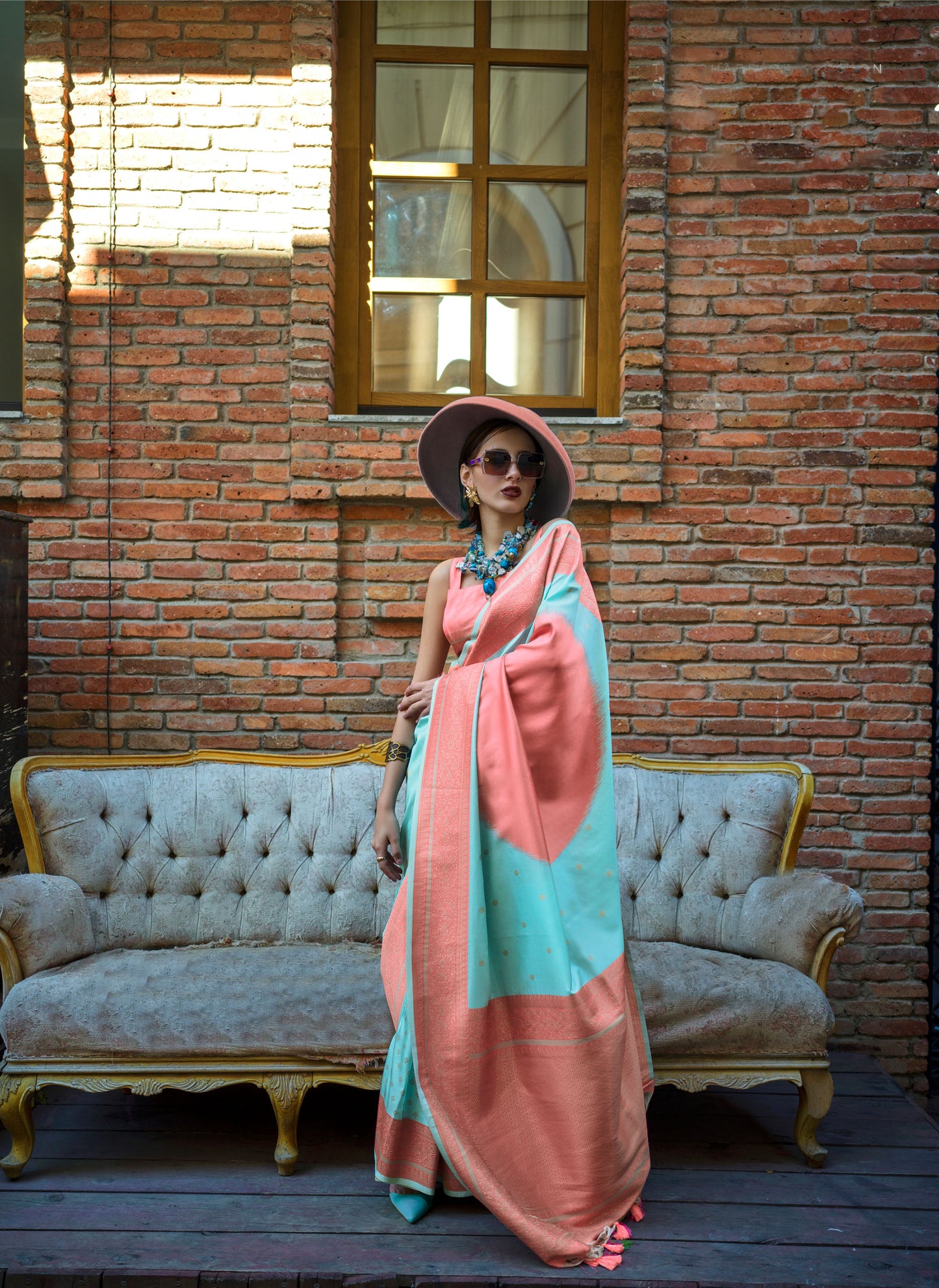 Light Blue Peach Koche Soft Silk Handloom Saree